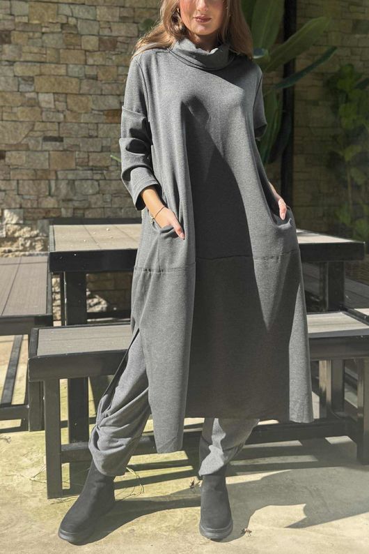 Scuba Stretch Funnel Neck Cocoon Dress Sport Grey /10=